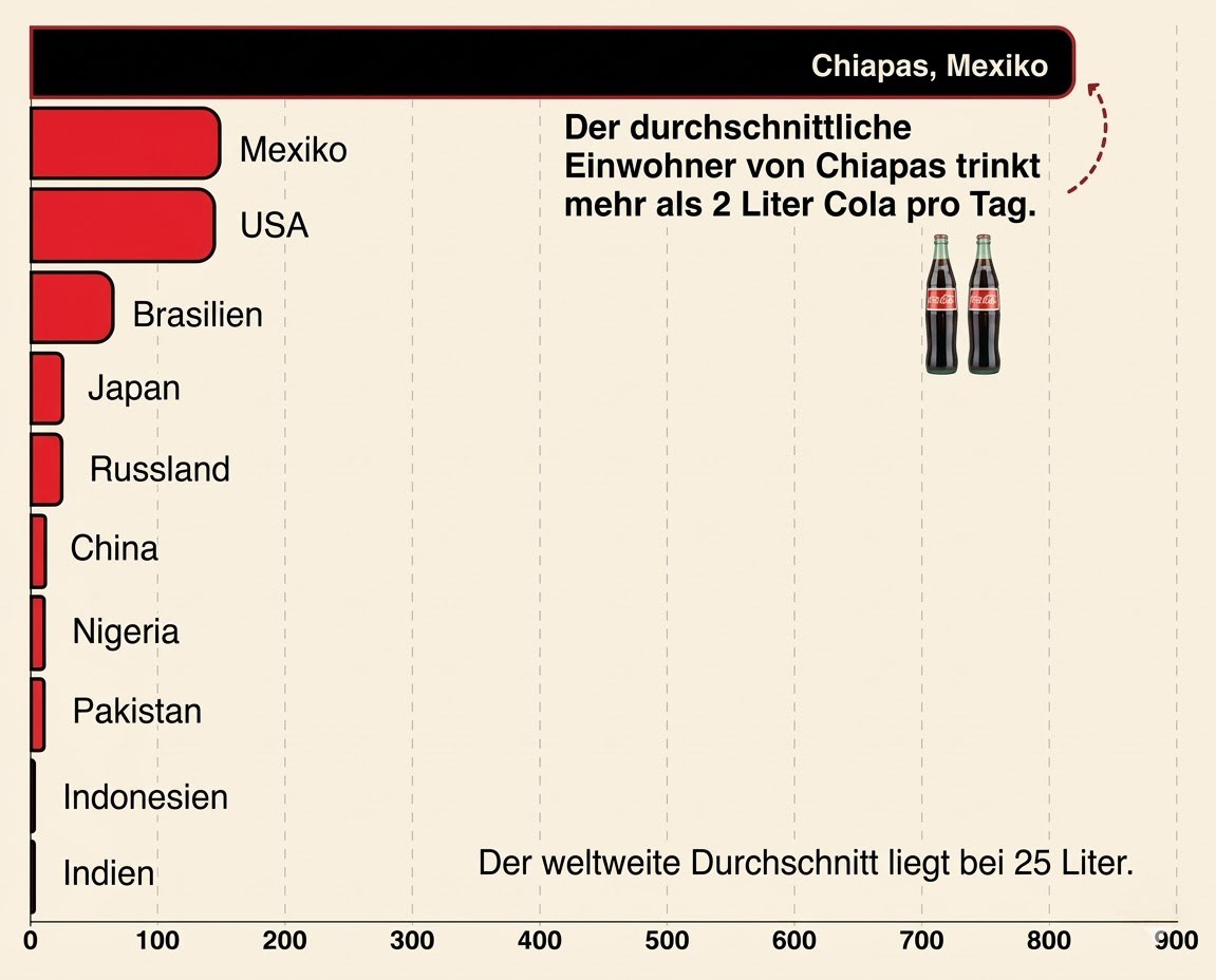 Balkendiagramm zum Cola-Konsum nach Ländern; Mexiko an Spitze, USA und Brasilien folgen; Hinweis: Chiapas >2 Liter pro Tag.